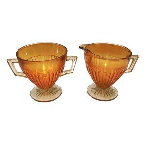 Vintage Economy Glass CO. Carnival Glas Footed Ribbed Sugar Bowl & Creamer